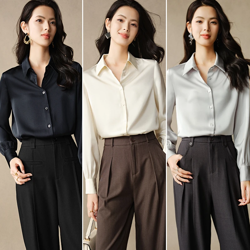 晚白2025新款欧若风长袖柔软法式时尚上衣翻领衬衫女24120448