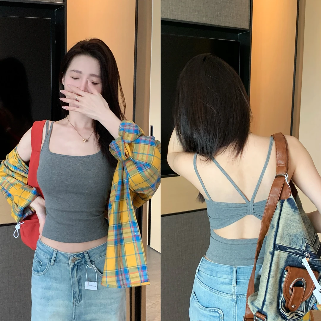 甜辣妹镂空蝴蝶结吊带背心女内搭一体杯胸垫美背裹胸短款外穿抹胸
