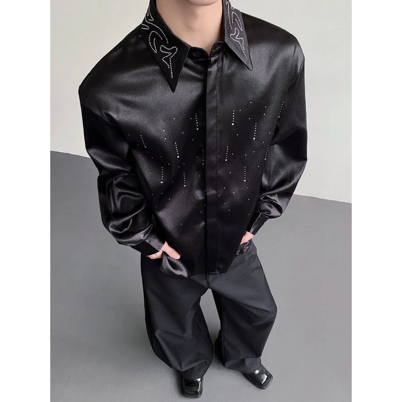 轻奢高级感定制满天星烫钻镶水钻缎面翻领衬衫男长袖醋酸贵族衬衣