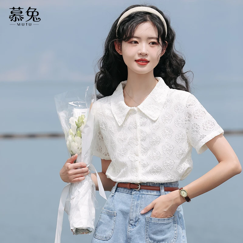 慕兔法式洋气甜美减龄上衣女2024夏季新款设计感小众提花短袖衬衫