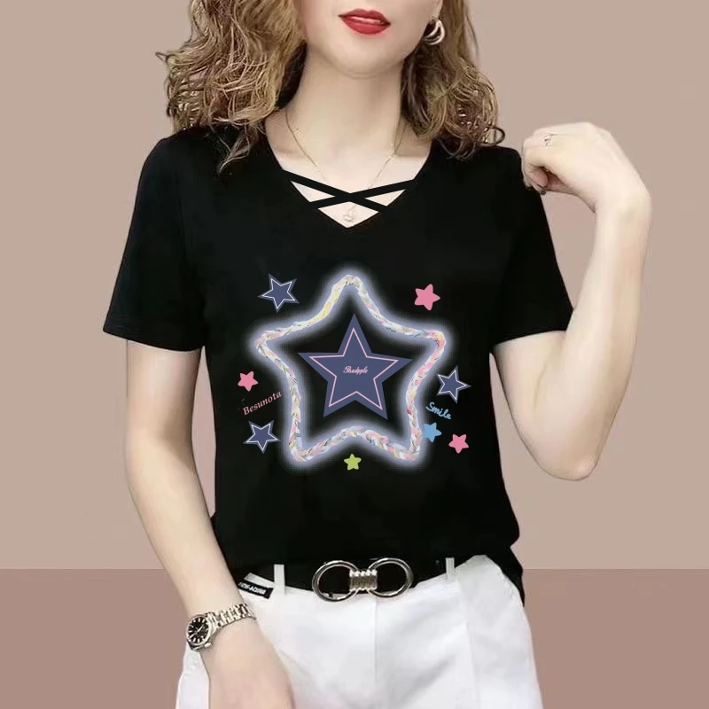 新款夏装短袖t恤女士v领纯棉显瘦修身半袖韩版洋气上衣服体恤衫