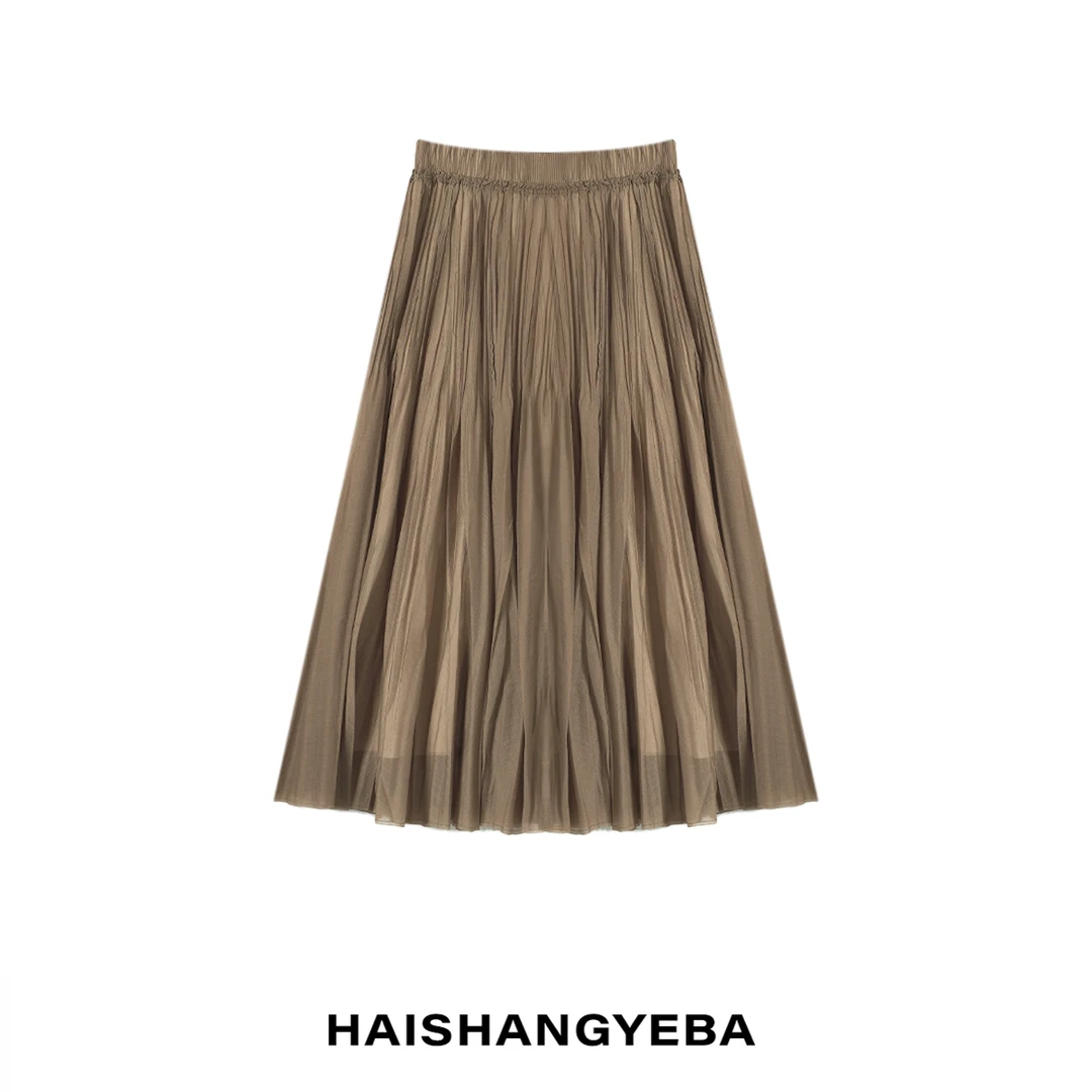 【海上叶爸】新款2025夏季百搭聚酯松紧腰宽松休闲褶皱半身裙