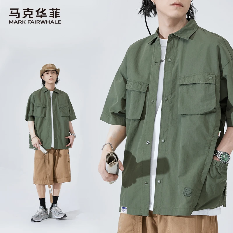 马克华菲夏季日系工装速干纯色短袖衬衫潮牌美式复古宽松百搭上衣