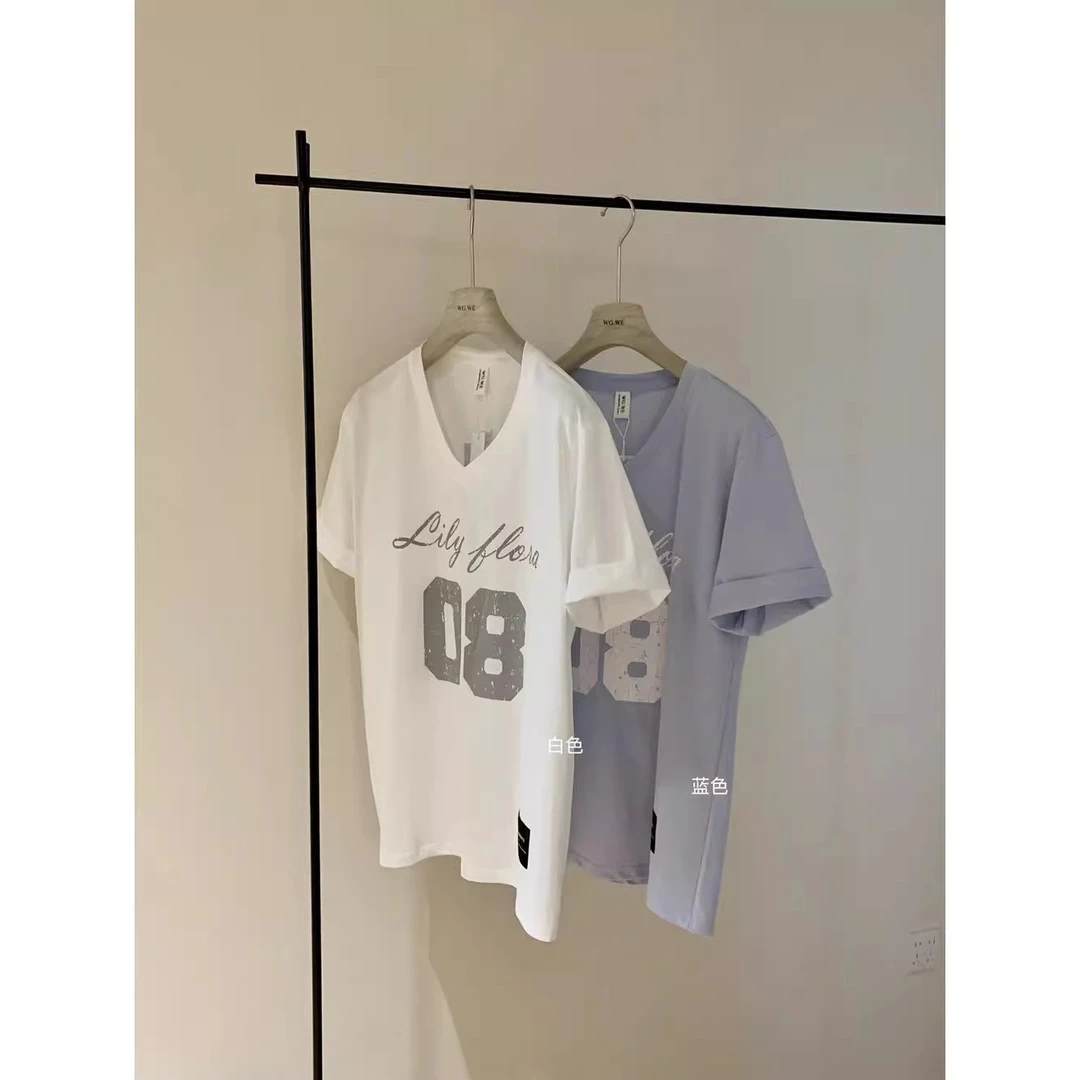 美式复古v领甜辣字母慵懒宽松百搭T恤短袖女