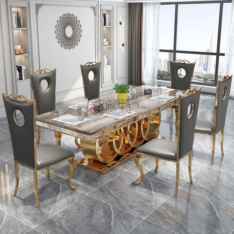 北欧轻奢后现代餐桌别墅样板房饭桌不锈钢大理石大户型餐桌椅组合