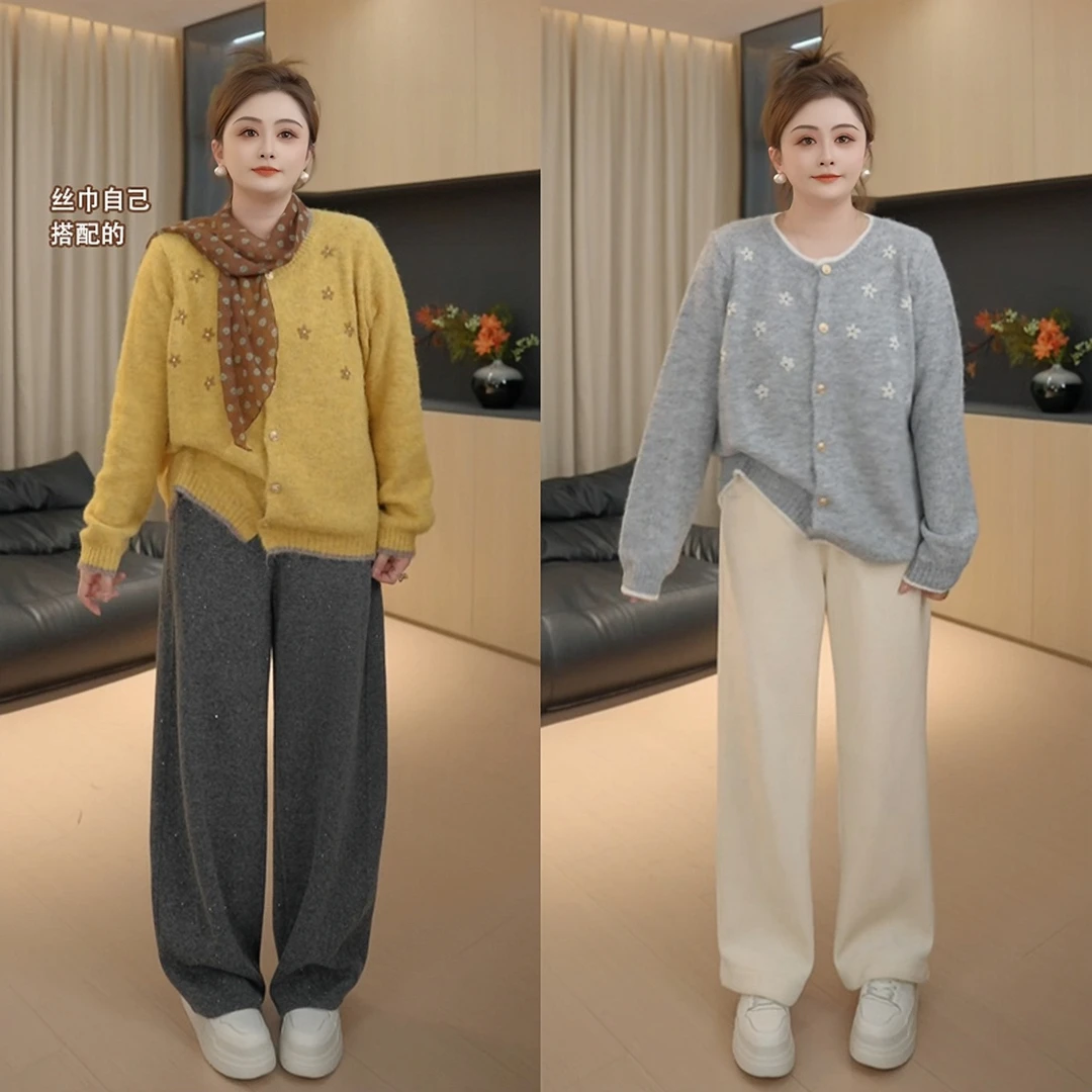 【胖佳佳】桂花雨 花朵刺绣毛衣开衫秋冬时尚针织衫女H625Z17809