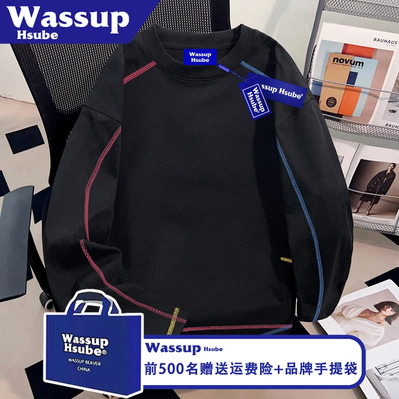 WASSUP HSUBE个性拉线黑色上衣ins秋季美式纯色T恤男女100%棉长袖