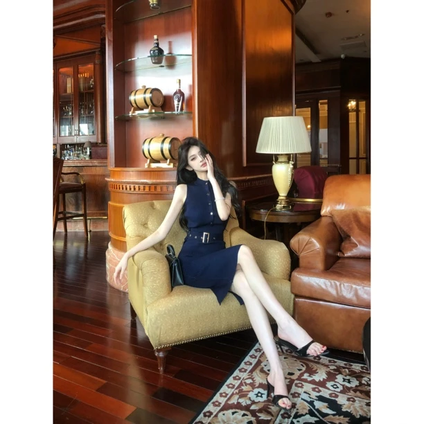 253气质女人味无袖高腰中长裙弹力针织排扣裤子连衣裙