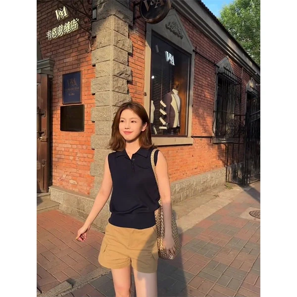 法式新款翻领无袖POLO衫坎肩t恤女夏季针织背心上衣+短裤套装