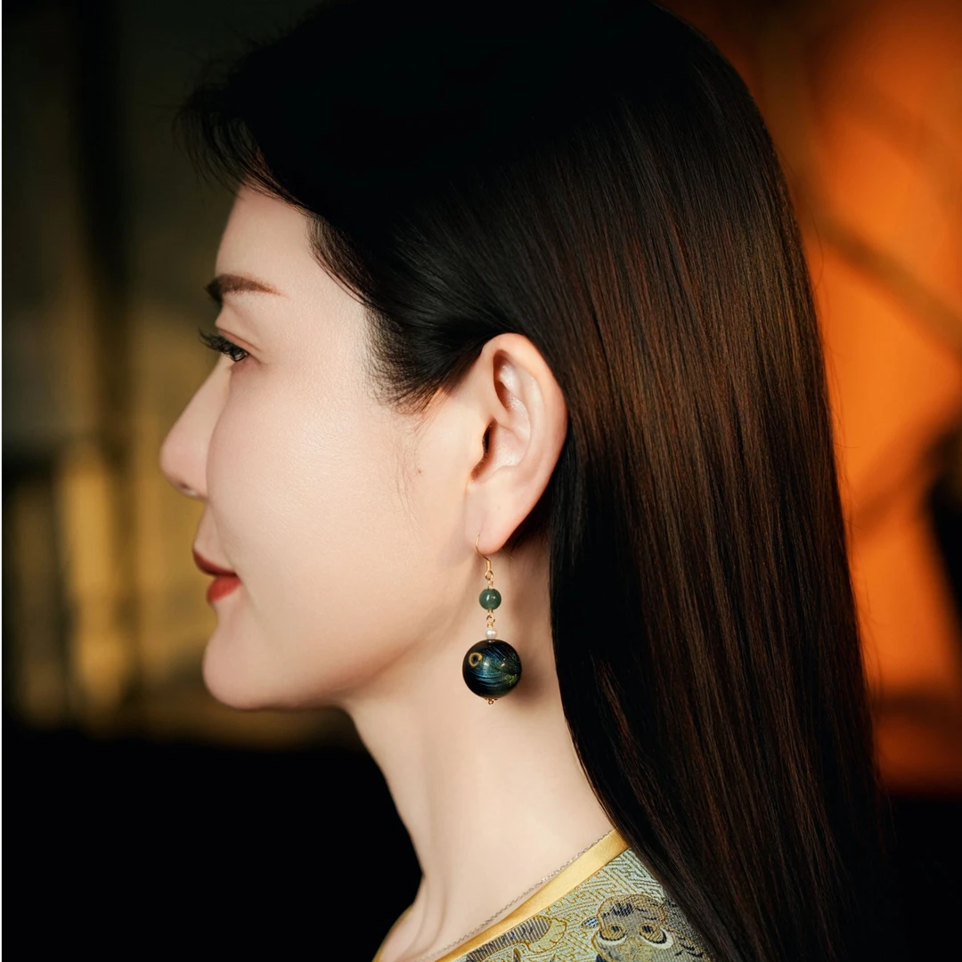 合金耳饰 炝金孔雀大漆耳饰耳钩款国风新中式手作耳环BA102054037