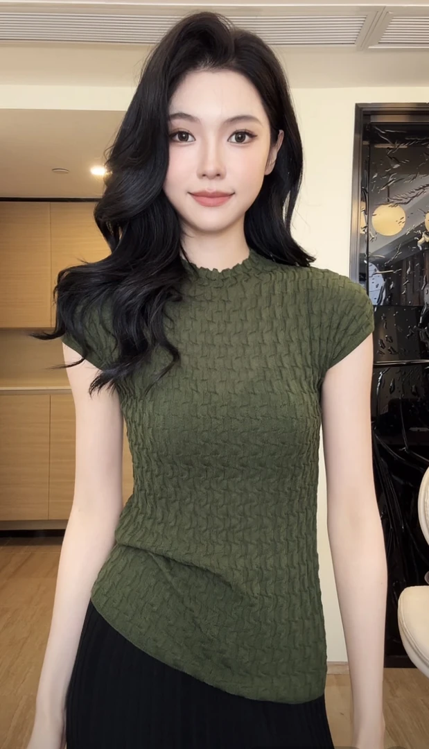 ZOUYASHIFA 夏季设计感薄款百搭短袖上衣半高领压褶T恤 YSA88192