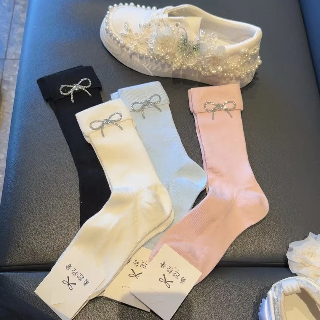 高颜值韩版烫印蝴蝶结烫钻高级感ins轻奢甜美百搭春夏中筒袜