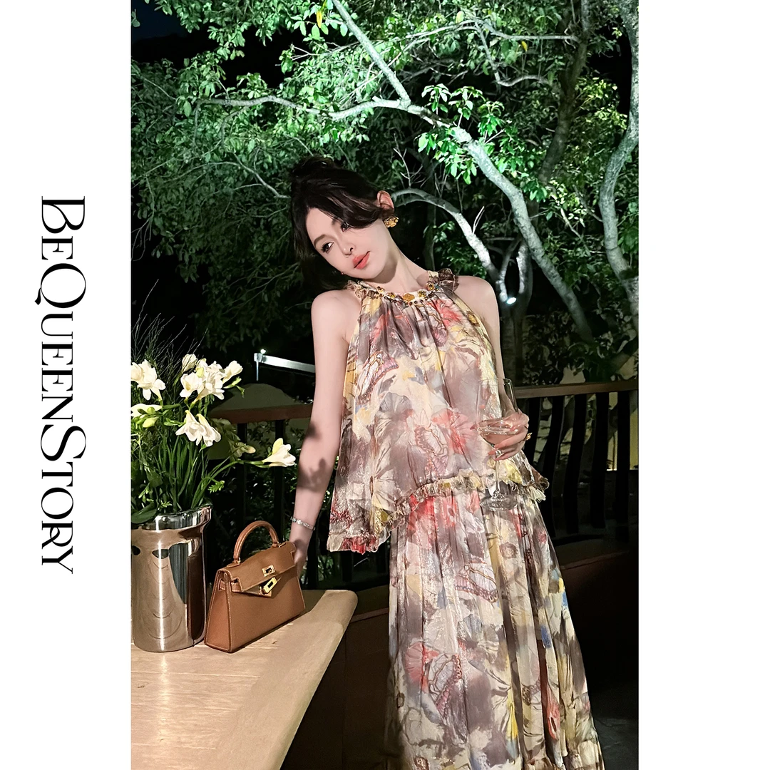 余潇潇【莫奈繁花】亮丝绉复古休闲A版无袖上衣&伞摆半裙