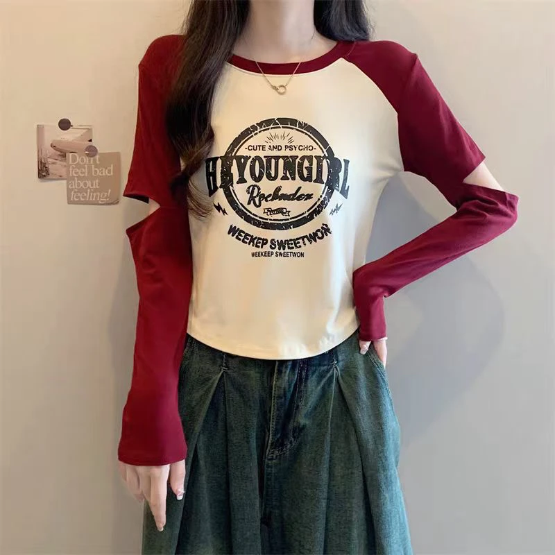 美式撞色插肩断袖长袖T恤女大码秋季新款拼接内搭打底衫上衣