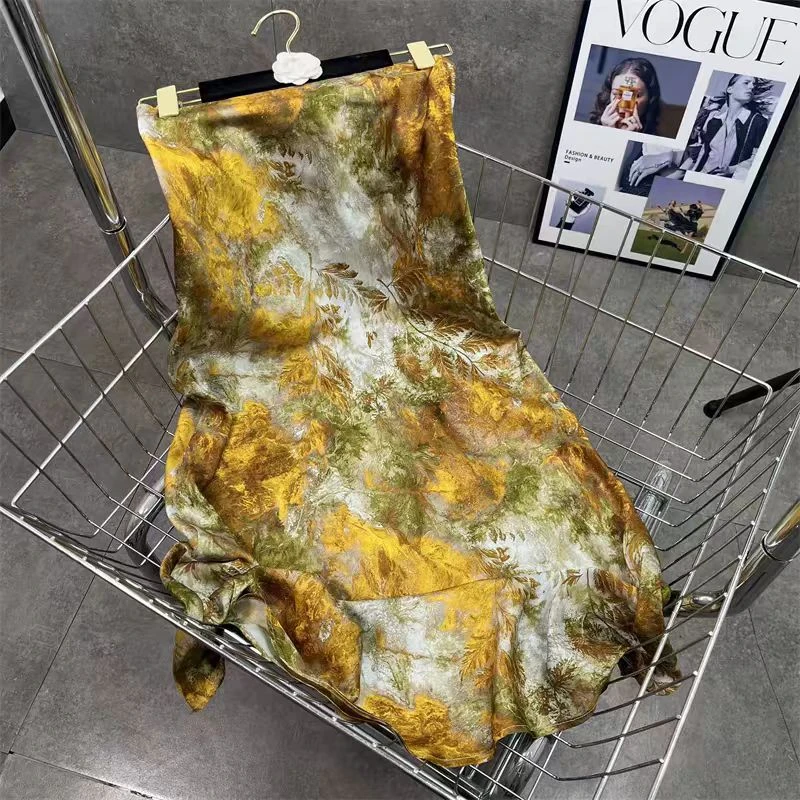 欧洲站2025春夏新款撞色设计植物图案装饰修身遮肉高质感半身裙女