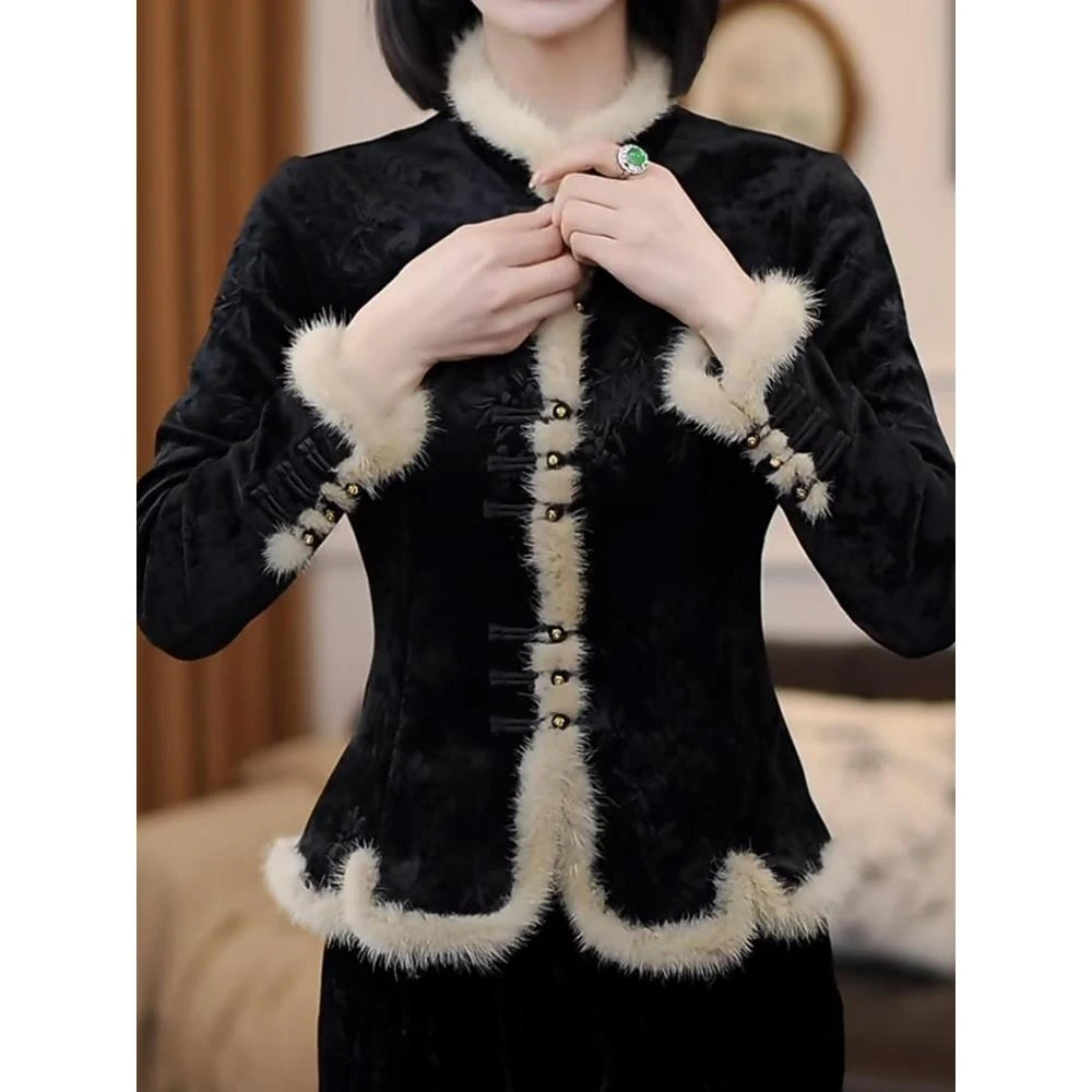 新中国风民族风格秋冬拉丝底衬衫上衣民族风格拼接毛绒衬里女士保