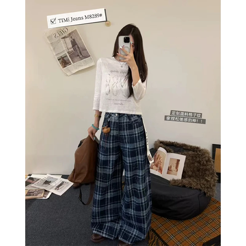 美式复古藏蓝色格子牛仔裤女秋季2025新款直筒宽松阔腿拖地长裤子