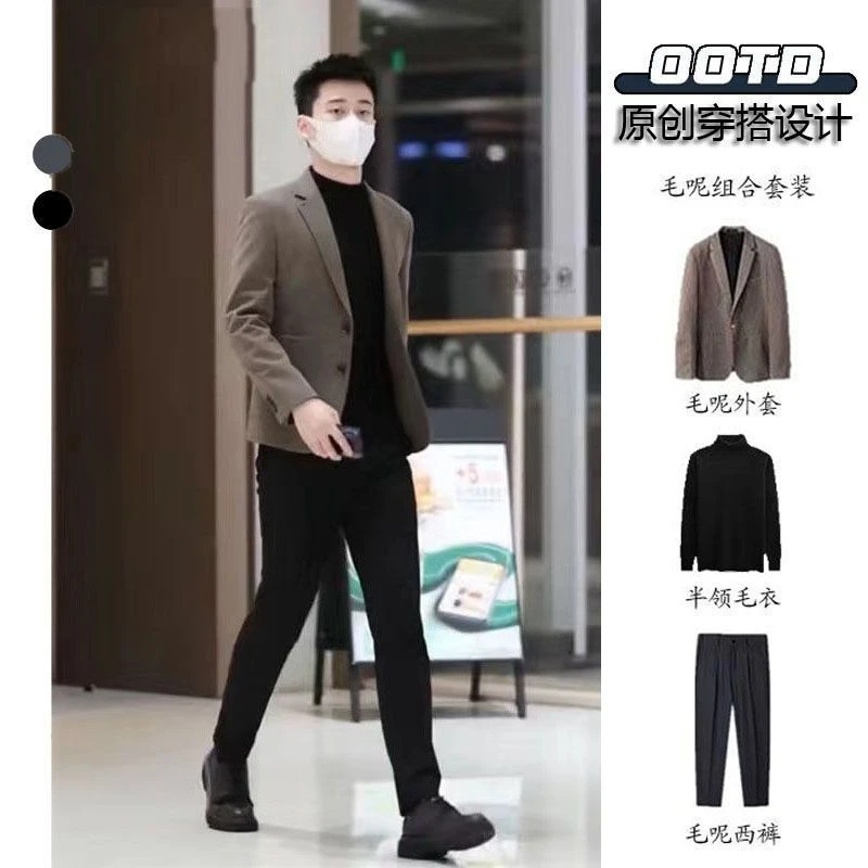 加厚韩版修身毛呢西装男士套装秋冬新款高级感休闲青年西服三件套