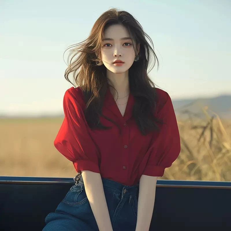 夏季法式独特别致绝美风情万种上衣洋气减龄高级感红色灯笼袖衬衫