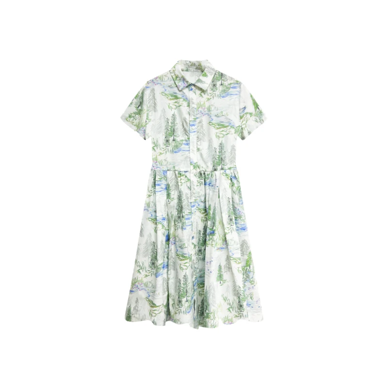 【橙庐】335000原创新中式水杉树翻领前扣纯棉连衣裙 春夏衬衫长裙