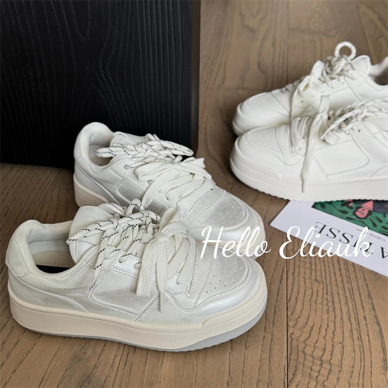 ELIAUK丨”番薯小羊卷“复古双鞋带小白鞋女25新款运动厚底休闲板鞋