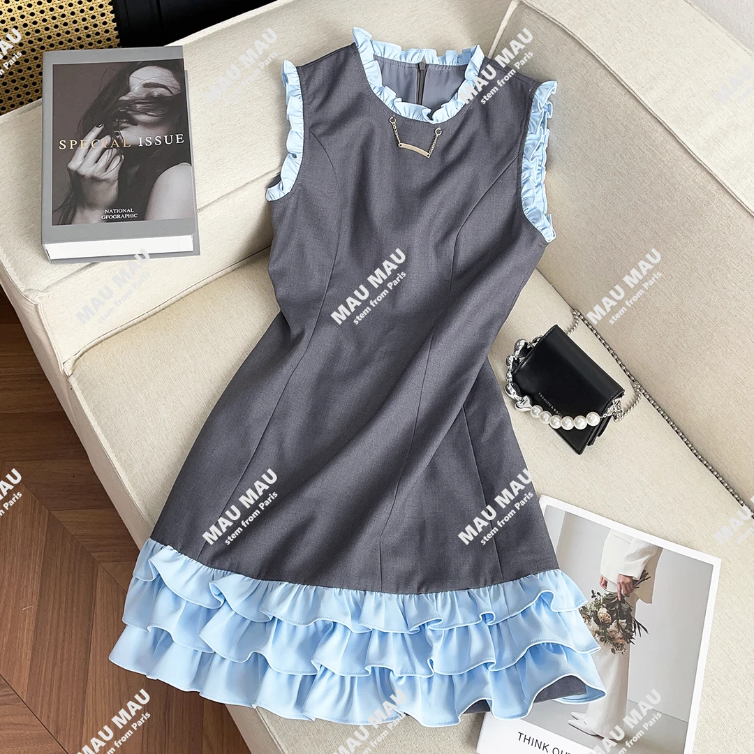 2025夏季新款洋气简约撞色拼接荷叶边无袖连衣裙DY7594