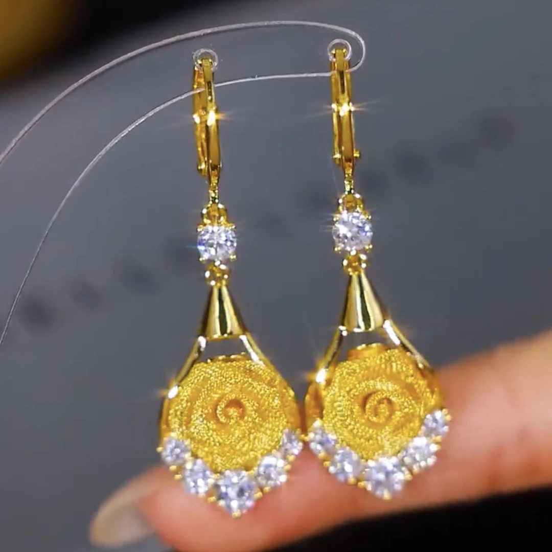 铜合金耳饰 【玫瑰佳人】时尚气质百搭雨滴玫瑰花耳环