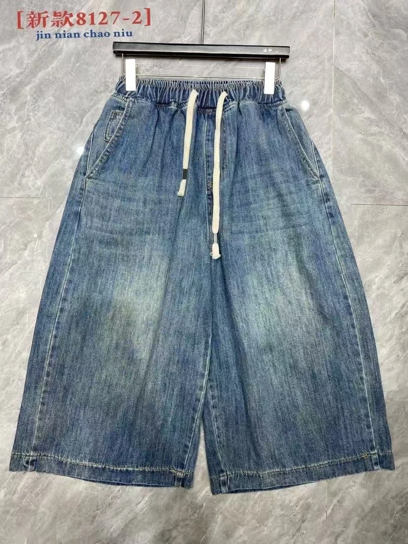 娜样美家 精选南韩松紧腰抽绳柔软七分大版宽松牛仔裤8127-2