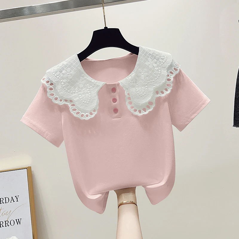 甜美蕾丝花边拼接双层娃娃领短袖T恤女夏季2025新款洋气宽松上衣