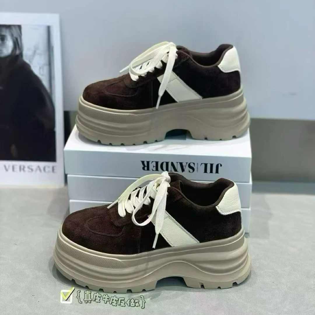 2025年欧洲站磨砂皮真皮系带厚底松糕鞋板鞋女鞋