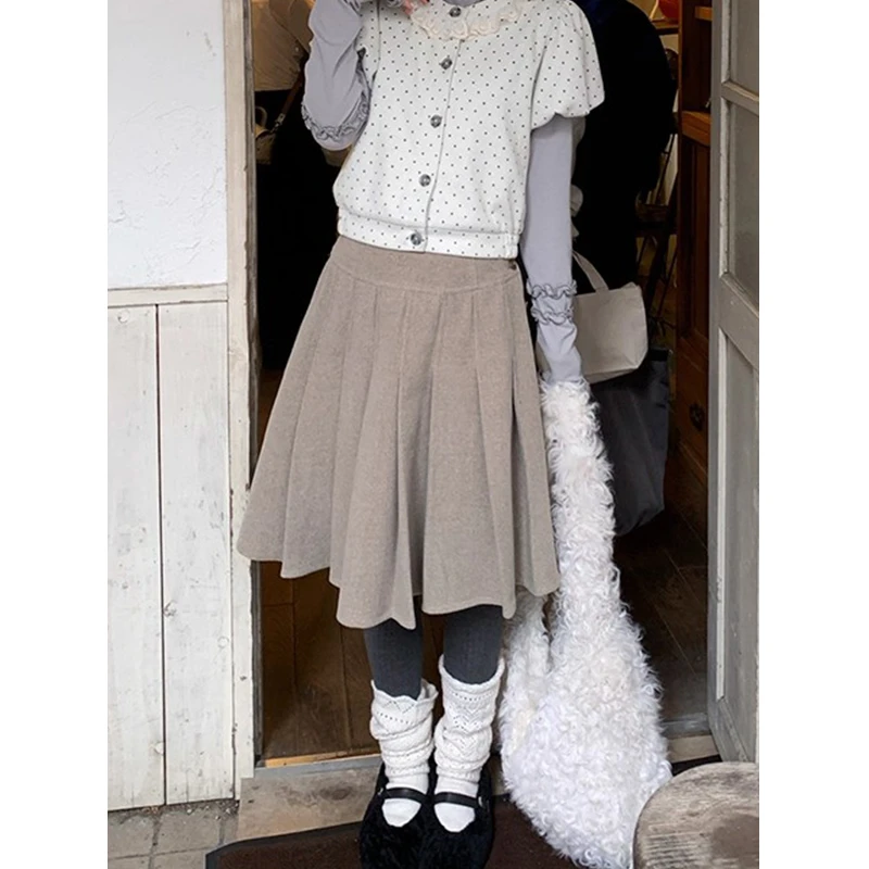 耶古韩系奶麦色毛呢百褶半身裙女秋冬季高腰宽松显瘦a字五分裙子