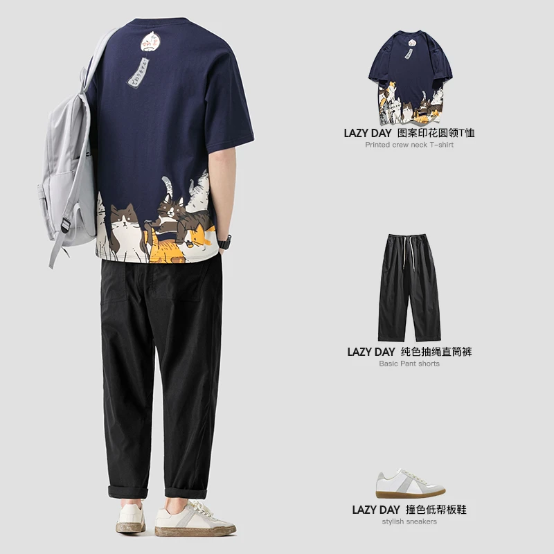 LAZY DAY原创男装日系休闲猫咪印花短袖t恤男款夏季宽松百搭上衣