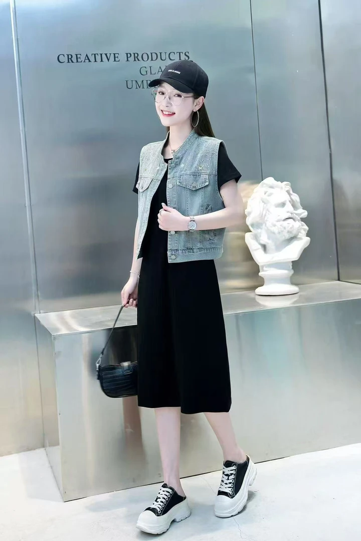 夏款时尚牛仔马甲连衣裙两件套3869