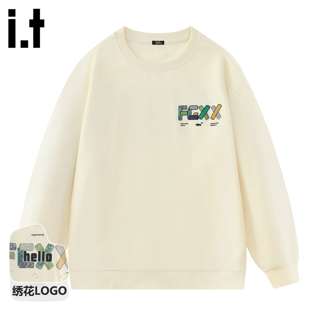 it FINGERCROXX杏色圆领卫衣男女款秋季韩系慵懒风套头上衣外套