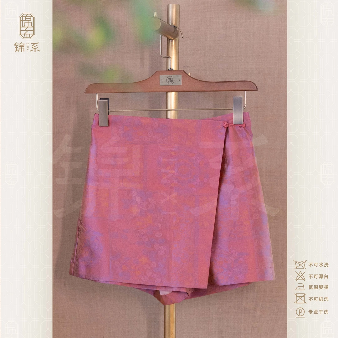 【锦系】真丝新中式国风桑蚕丝后松紧腰螺钿工艺短裤K-382819