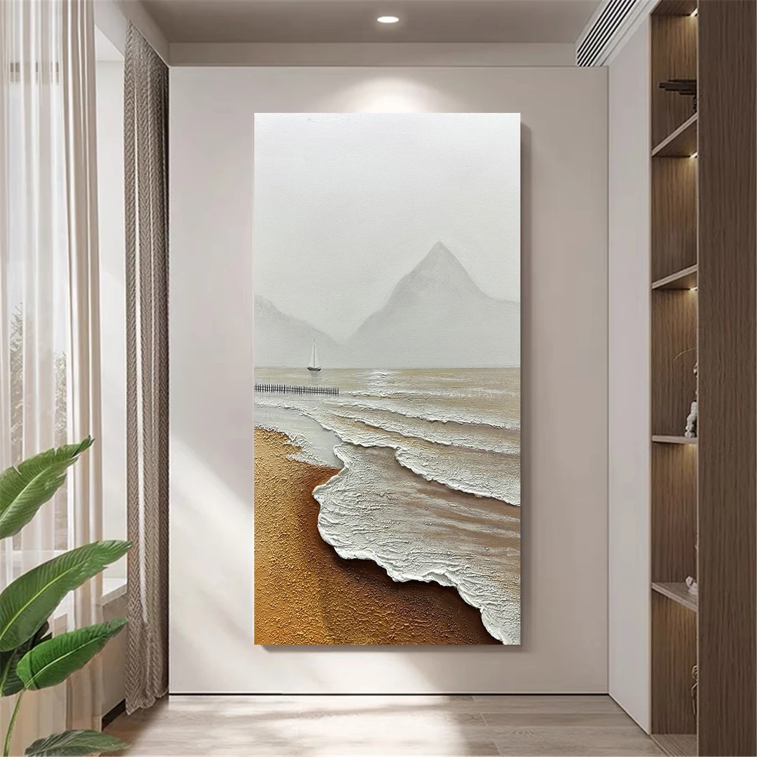 《山海》客厅沙发背景竖版纯手绘油画现代简约玄关挂画抽象肌理画