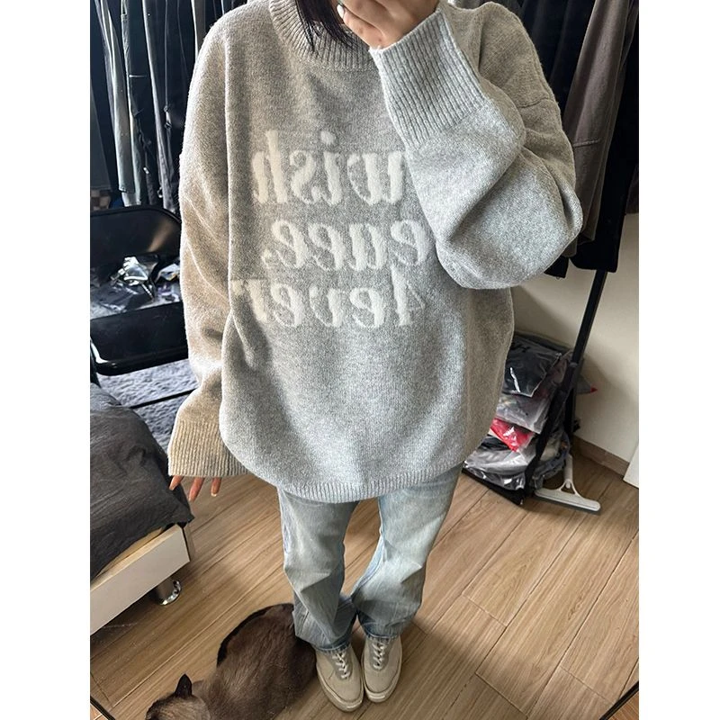 国潮个性字母提花圆领毛衣男女秋冬季宽松情侣款懒惰风针织衫上衣