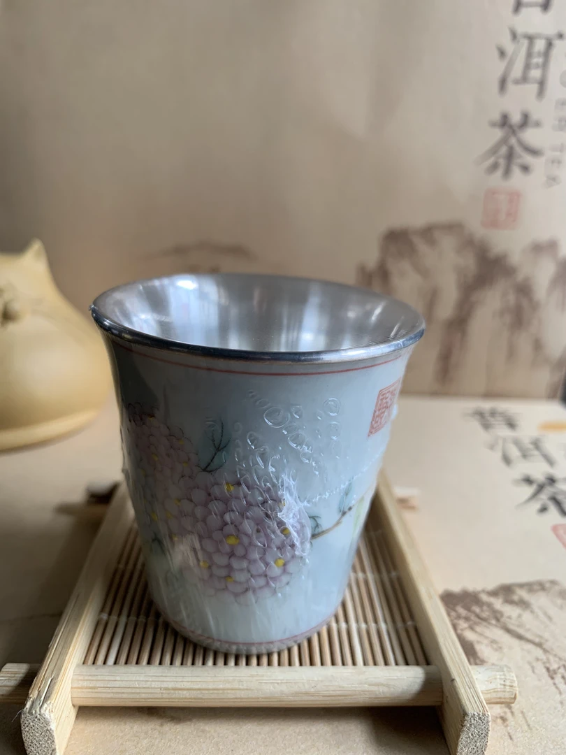 纯手工制作绣球花瓷包银草木灰直口杯手绘