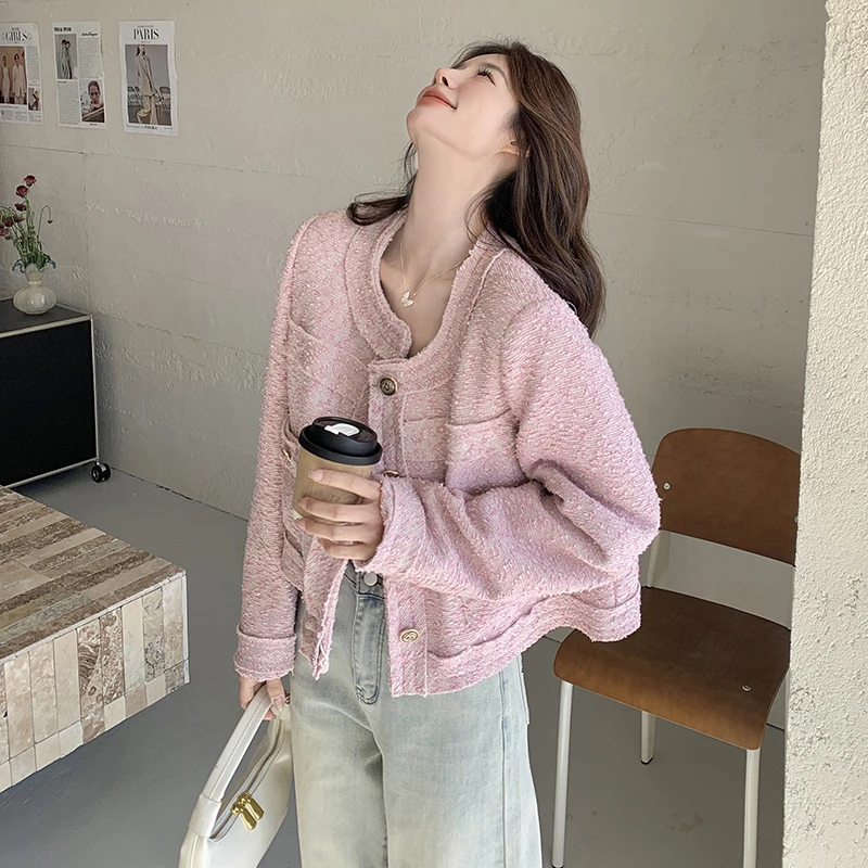 粉色名媛小香风短外套女春秋2025新款富家千金减龄小个子圆领上衣