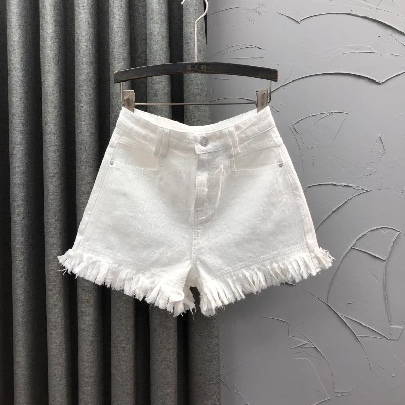 白色高腰休闲牛仔短裤女夏天时尚洋气百搭A字毛边流苏阔腿热裤潮