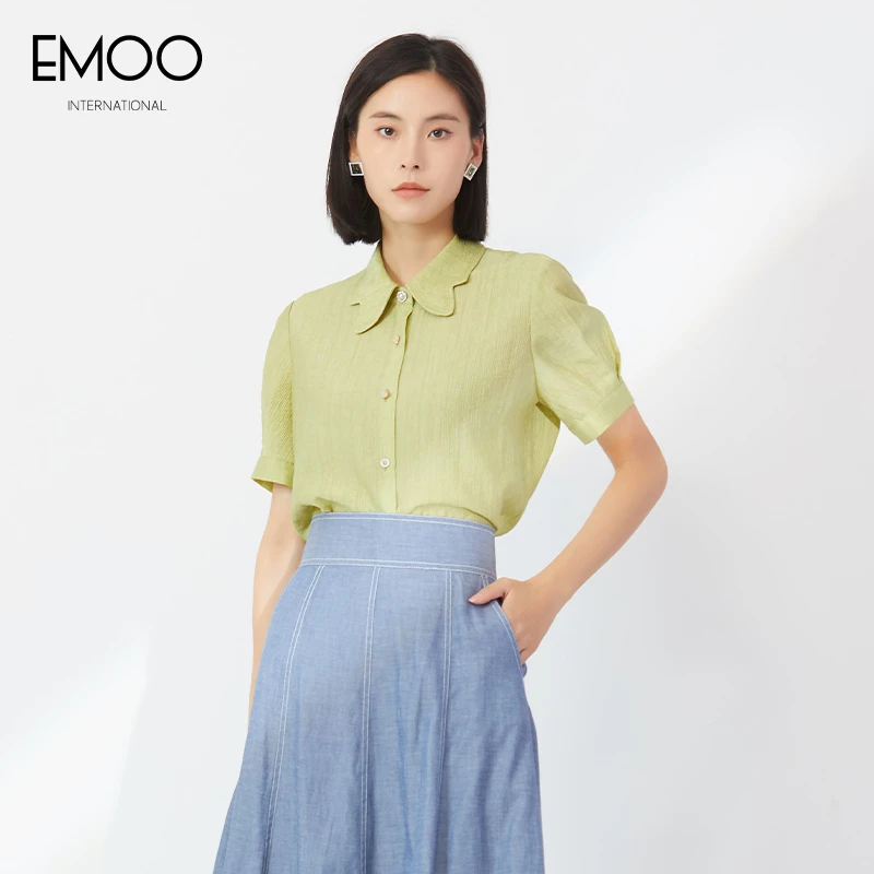 EMOO/杨门泡泡袖法式绿色娃娃领时尚提花夏季衬衫衬衣E23H023255