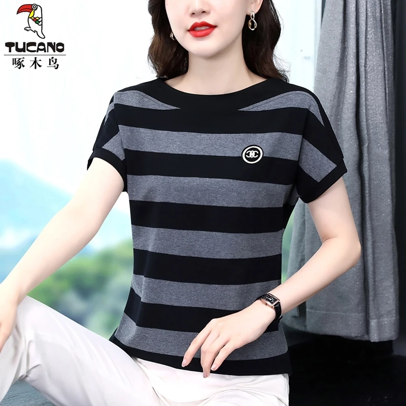 清仓捡漏啄木鸟正品甩卖纯棉休闲百搭短袖时尚撞色条纹显瘦上衣夏