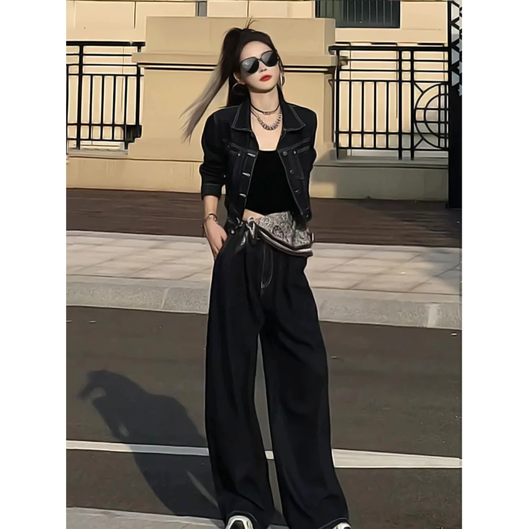 时尚套装女2025秋季新款复古深蓝酷飒炸街牛仔外套阔腿长裤两件套