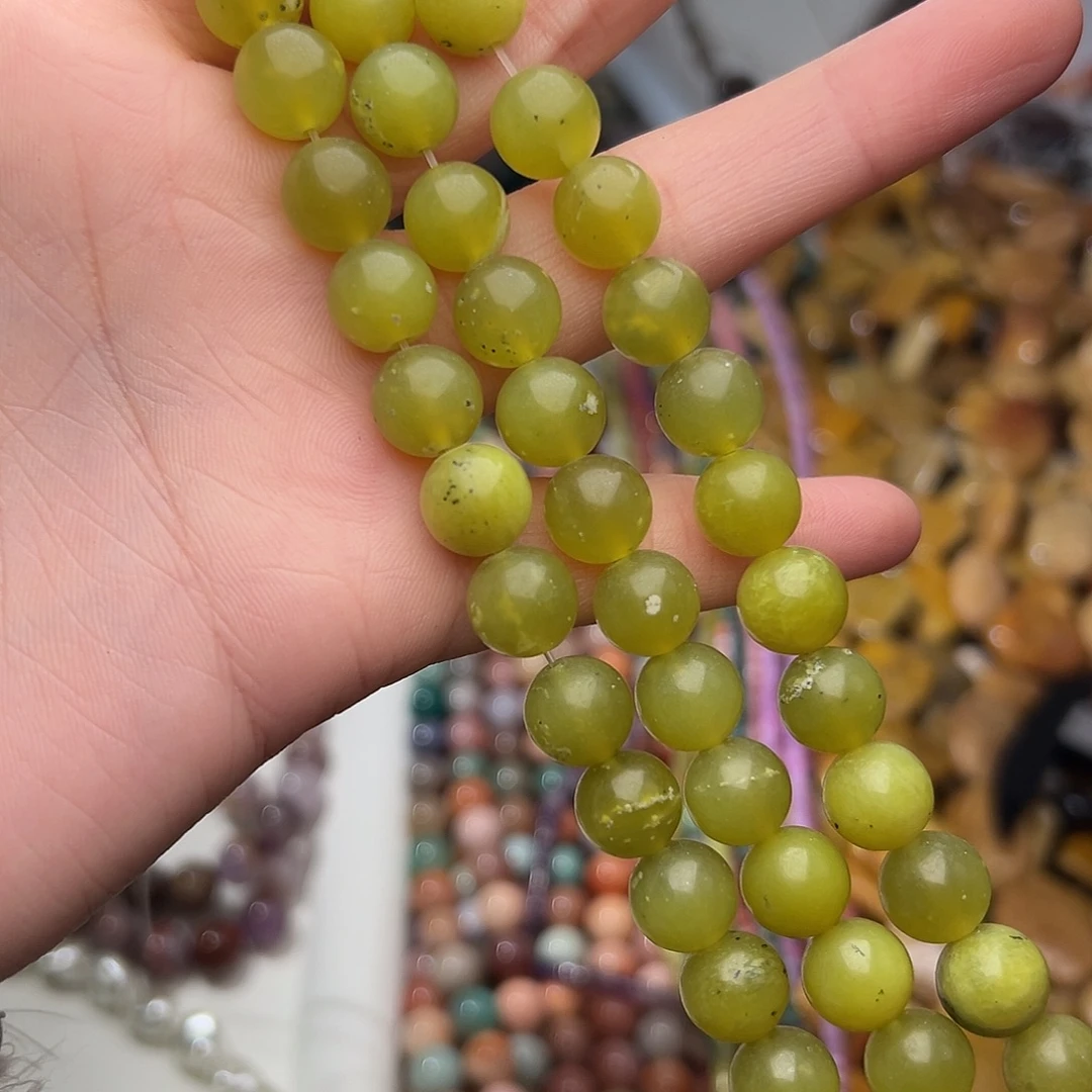 玛瑙/玉髓合金珠宝半成品G677。10mm天然菜花玉圆珠一条