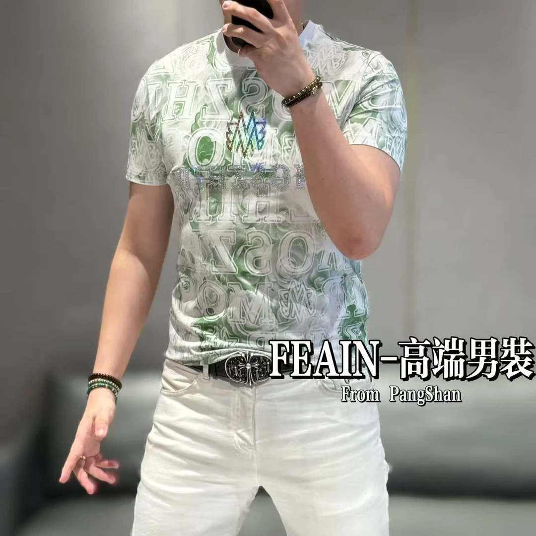 【雷迪·凯奇】高端男士渐变色字母印花奥钻点缀短袖双丝光T恤7705