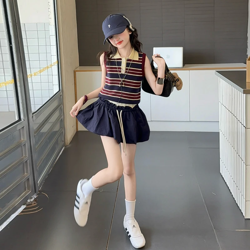 女童夏季polo衫套装2025新款女孩韩版条纹背心花苞裙时髦两件套潮