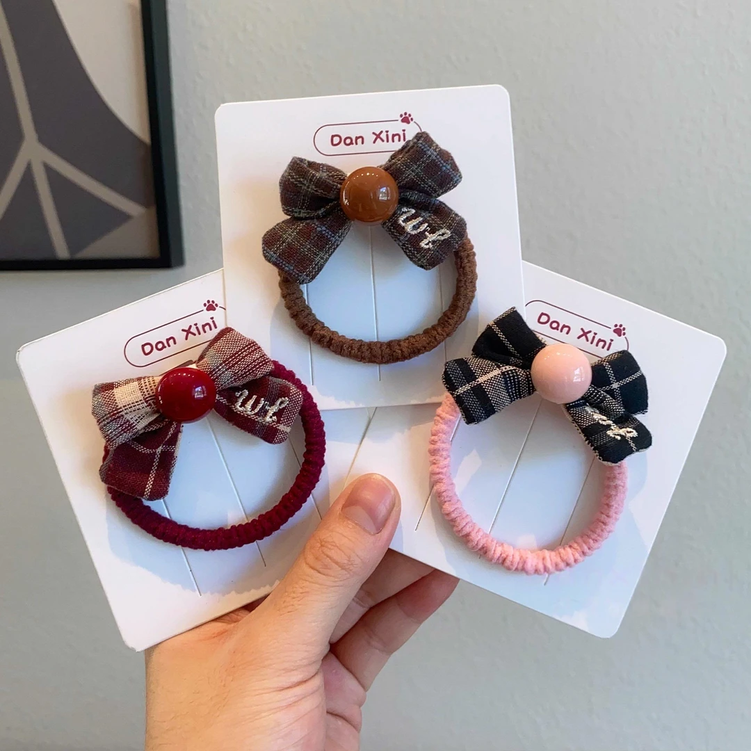 儿童珠珠蝴蝶结发圈韩版格纹扎头发皮筋新款不伤发小女孩马尾发绳商品图