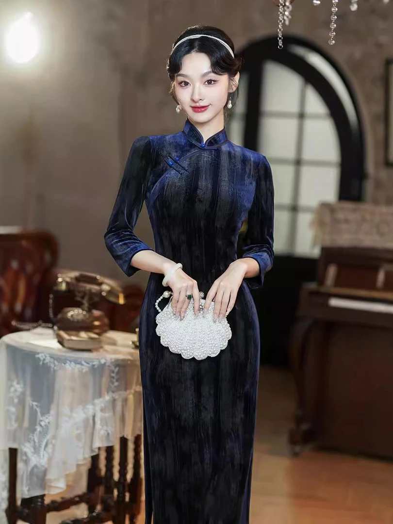 【心懂旗袍-傲风】深色系大气细闪修身秋季新款显瘦高贵旗袍