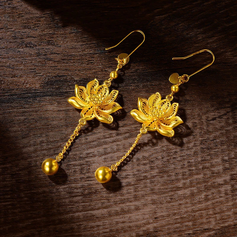 耳饰精致古法花丝莲花黄金色耳环耳坠好事莲莲荷花小众女国