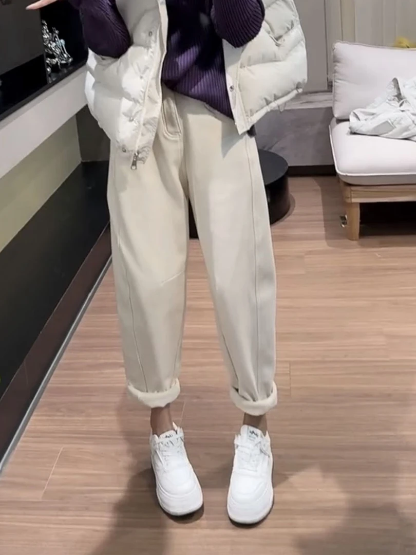 梨形显瘦大码哈伦老爹牛仔裤子女2025年冬季新款加绒加厚高腰弹力